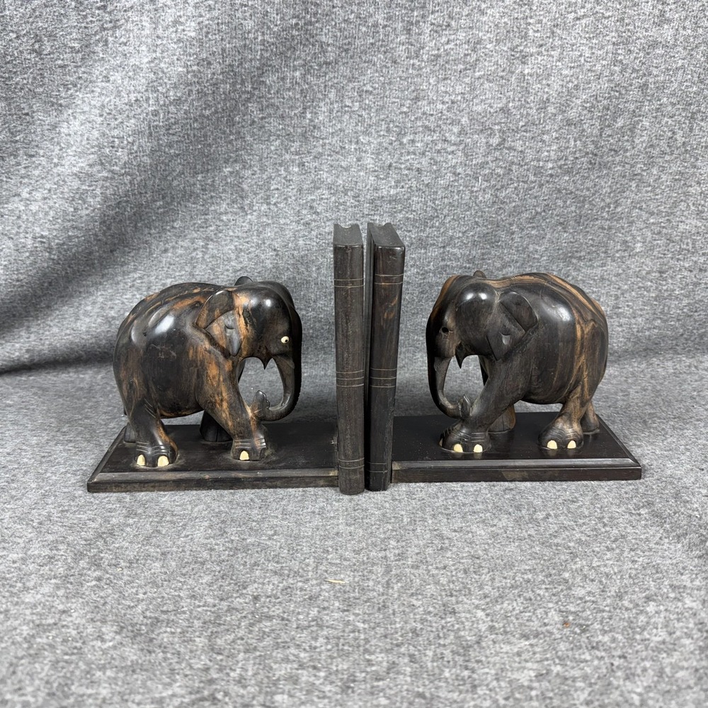Wood Elephant Bookends Pair Hand Carved Book Holder Brown Home Decor‎ Shelf